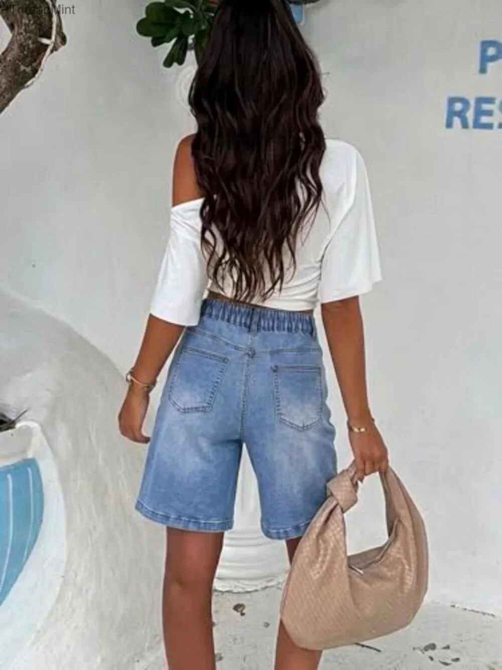 Denim Bermuda Shorts Stretchy Elastic Waist High Rise Jorts